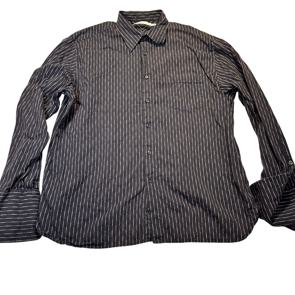 Perry Ellis Button Front Shirt Mens XL Black Pinstripe Casual Office Classic